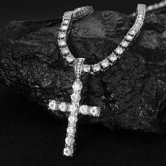 ⭐ Beautiful 2Pc 24" Diamond Necklace & Cross Pendant With 4mm Diamonds 18k ⭐ - Picture 1 of 10
